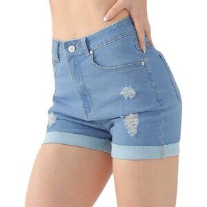 Ripped Lightblue High Waisted Summer Elastic Folded Hem Denim Shorts for Women